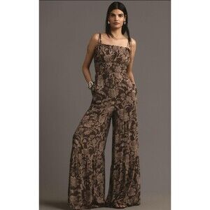 Anthropologie Hutch Jumpsuit Smocked Floral Brown Retro Boho Preppy Medium NWT